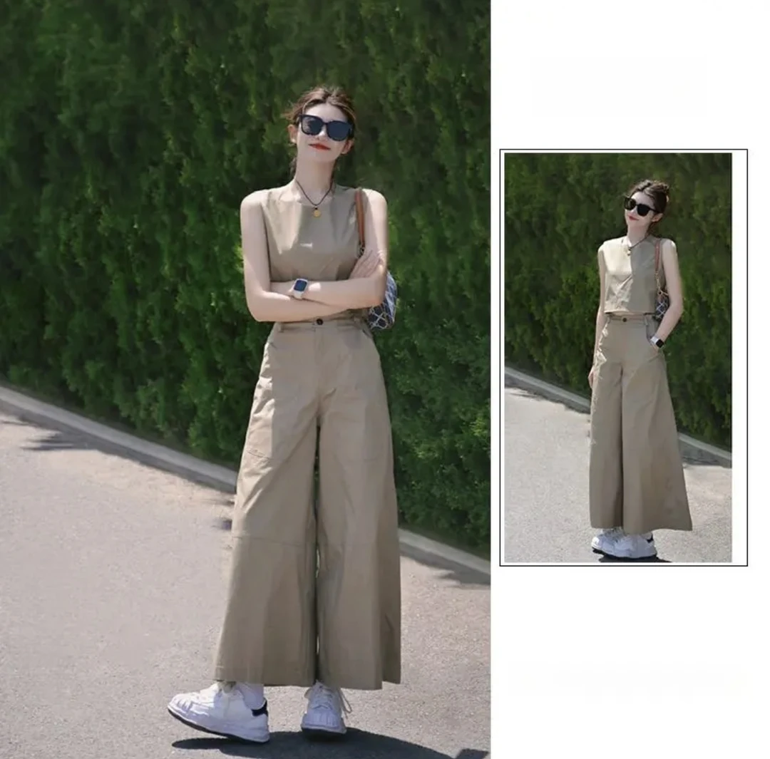 纯色无袖背心高腰显瘦阔腿裤两件套女2025年夏季时尚新款韩版套装