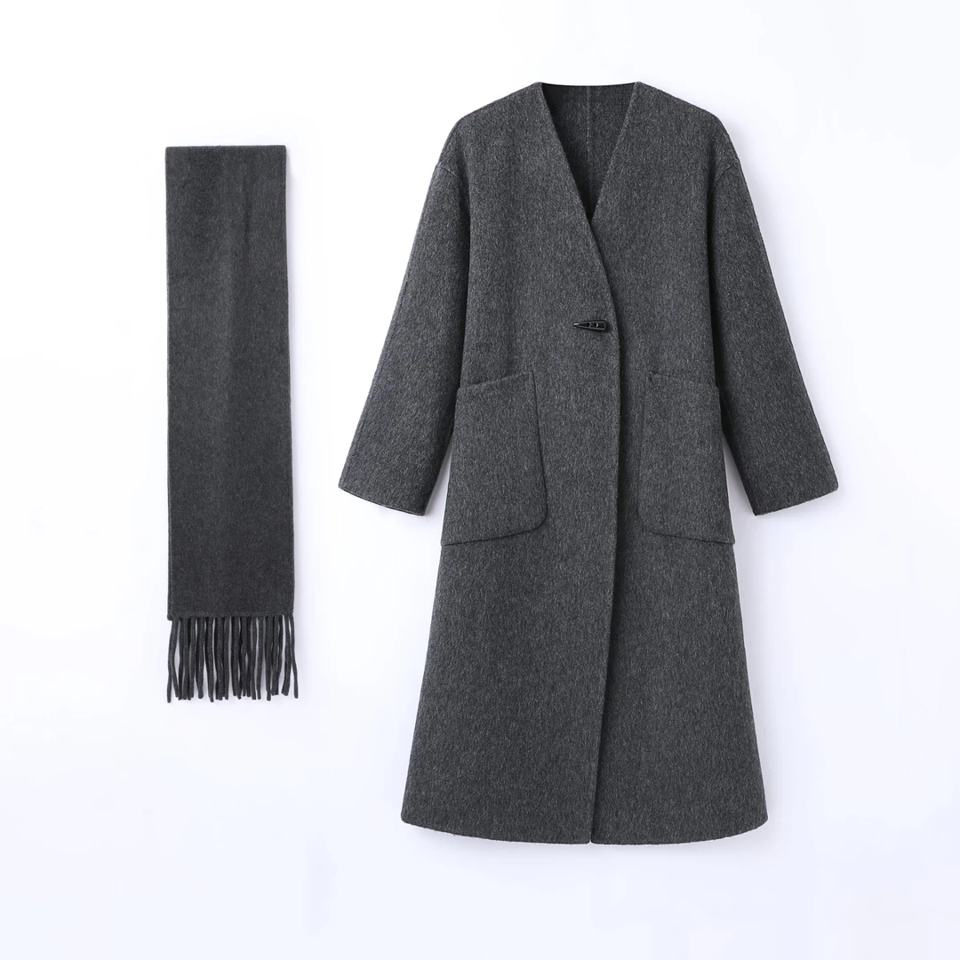 2024秋冬季新款女士双面呢外套毛呢大衣中长款V领风衣时尚气质