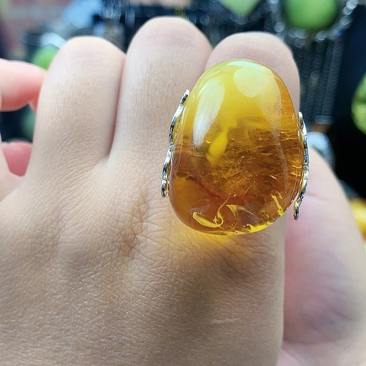 琥珀裸石银S925镶嵌戒指