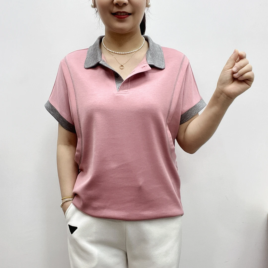 短袖吸汗时尚纽扣常规款翻领T恤夏季套装拼色针织撞色半袖百搭