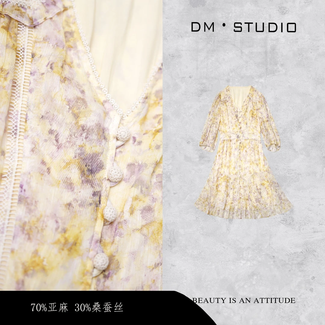 DEDM•STUDIO/碎花度假风高级感碎花V领连衣裙2504LYQ/25S-1111K-1