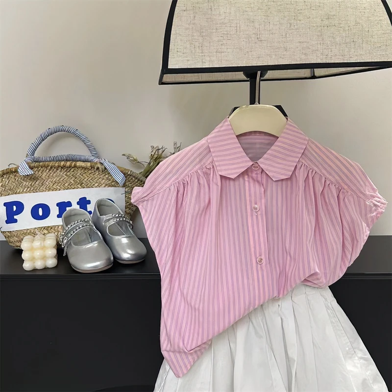 【现货】女童粉色条纹衬衫夏季儿童小众设计纯棉衬衣法式polo领上衣