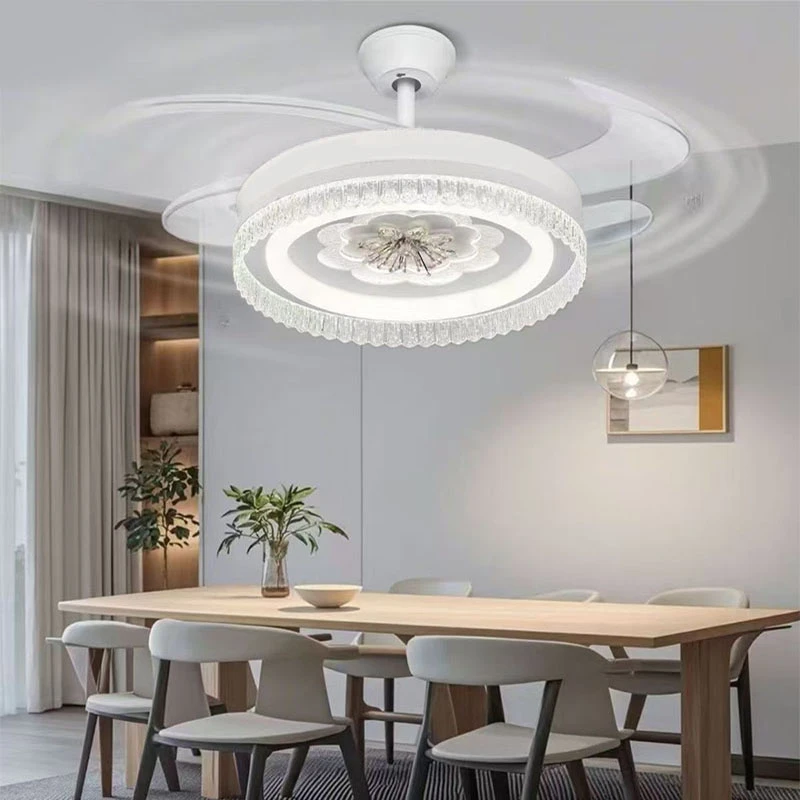 一帘幽梦新款水晶花隐形风扇灯语音遥控吊扇灯餐厅卧室一体风扇灯