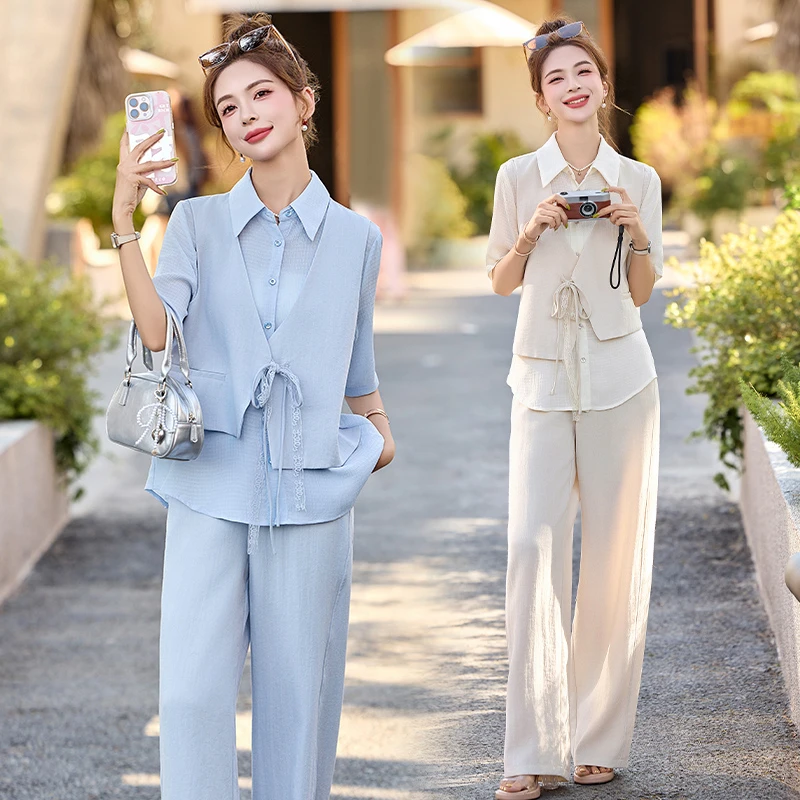 休闲无袖蓝色套装女2025夏季轻熟风气质减龄阔腿裤亚麻两件套656