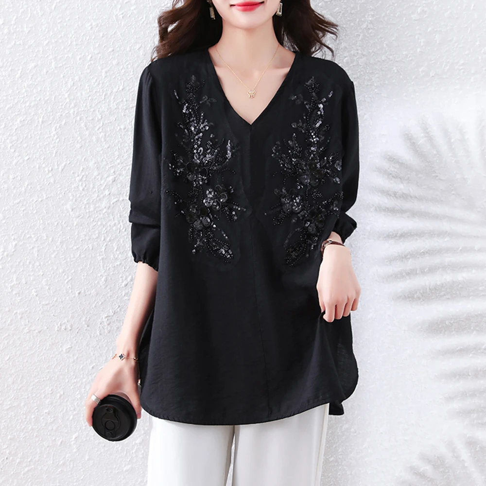 大码女装2025春装新款黑色上衣女新中式宽松长袖遮肉显瘦气质衬衫