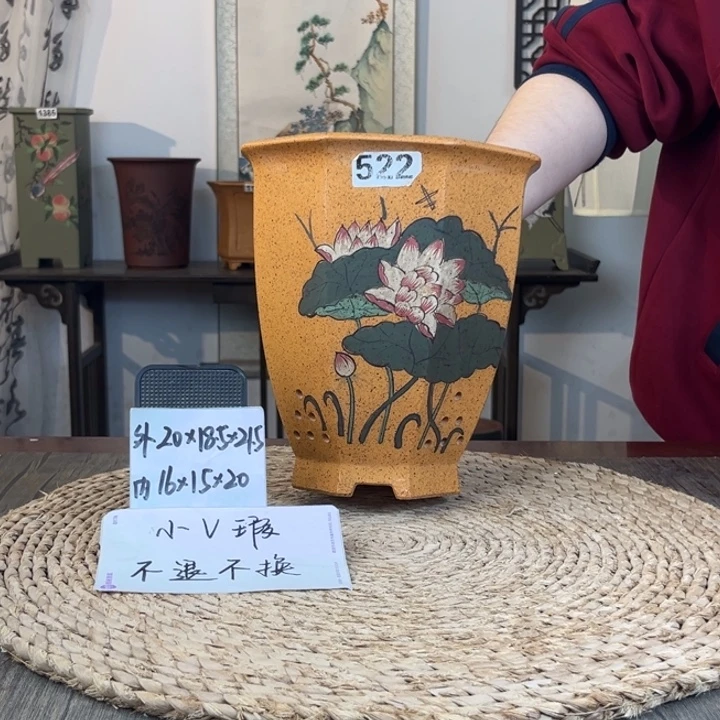花盆紫砂  微微瑕柴烧荷花手绘八方522
