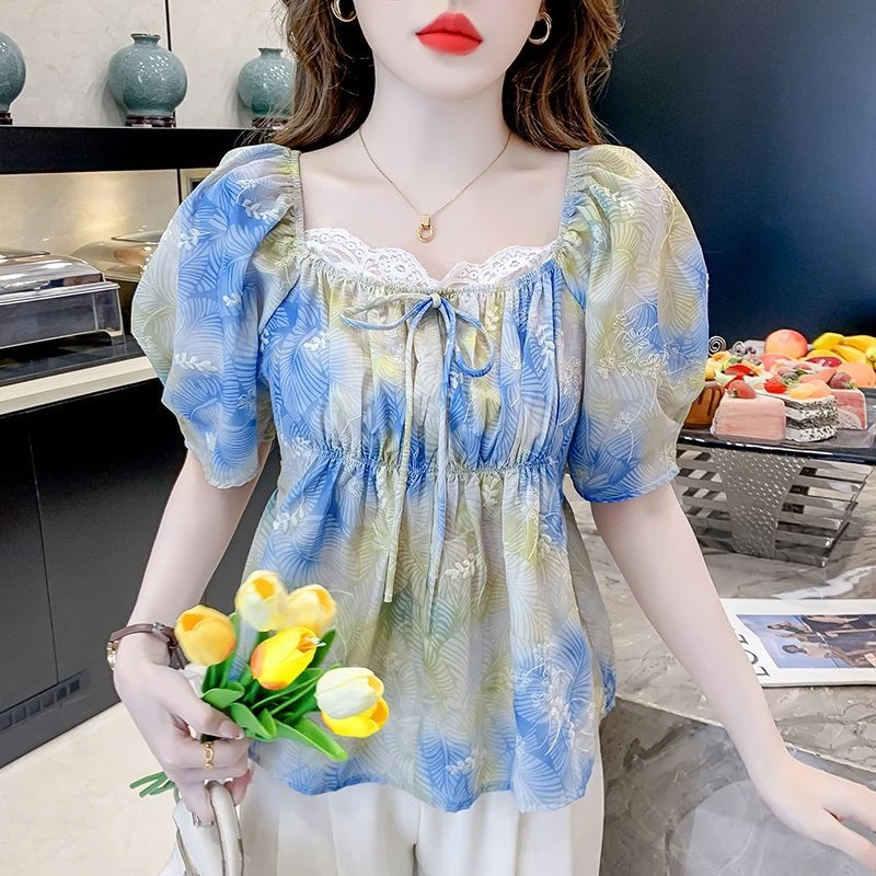 夏季新款绝美晕染碎花刺绣蕾丝边方领短袖衬衫女气质修身上衣小衫