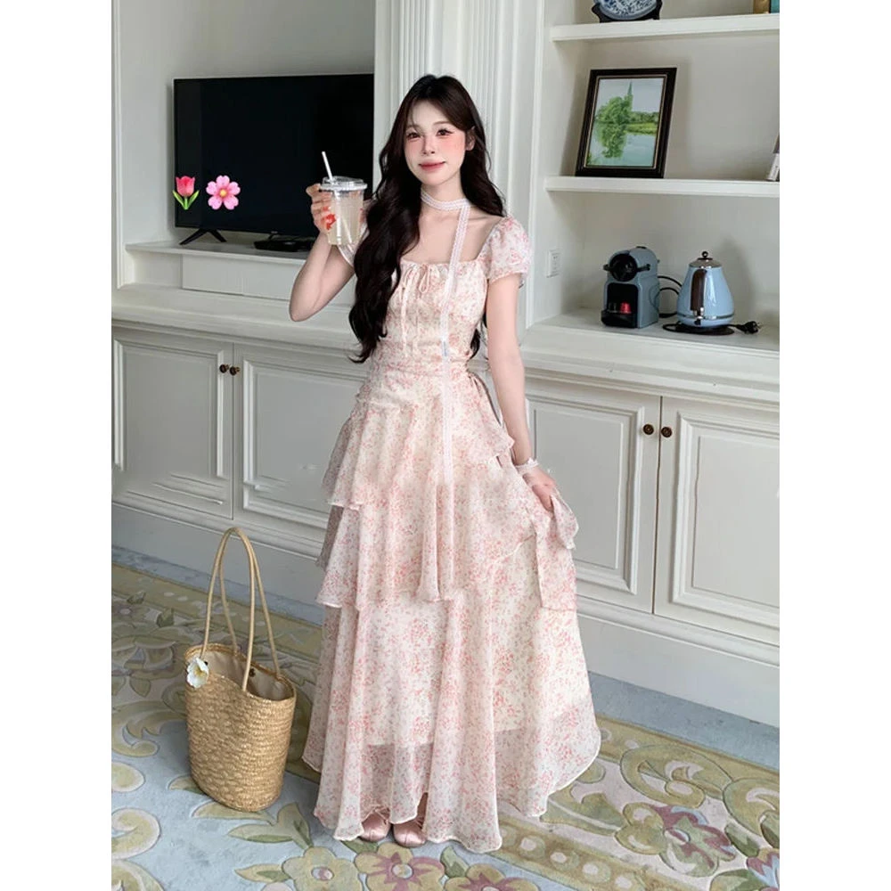 梦境花园 夏季新款法式温柔风碎花不规则裙摆长裙收腰显瘦连衣裙