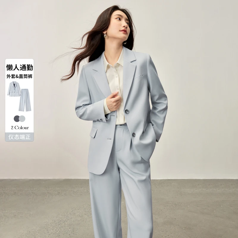 尚都比拉垫肩下摆开叉垫肩西装松紧双褶西装长裤套装E2168