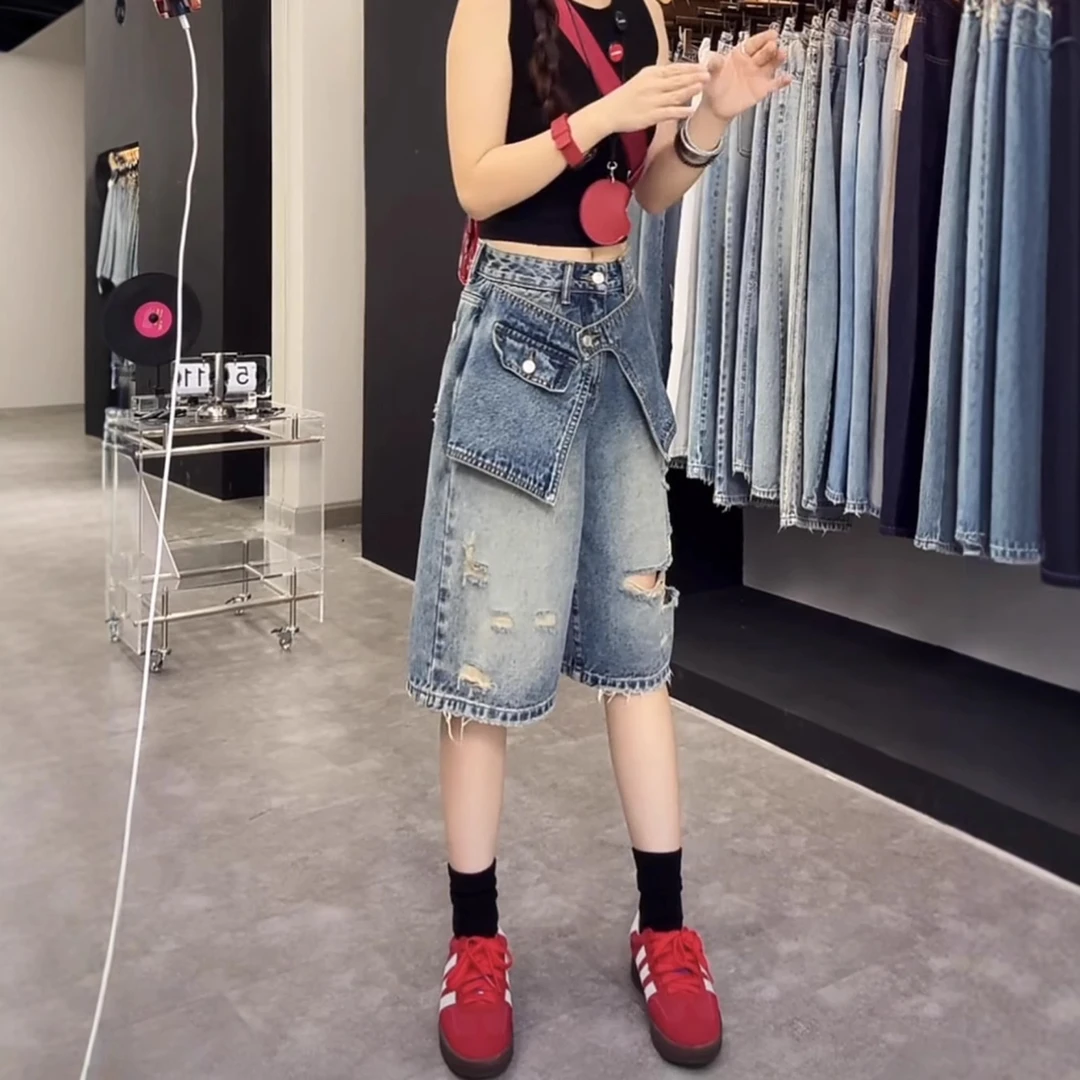 高腰大码百搭假两件破洞五分牛仔裤梨型夏季新款遮跨小个子阔腿裤