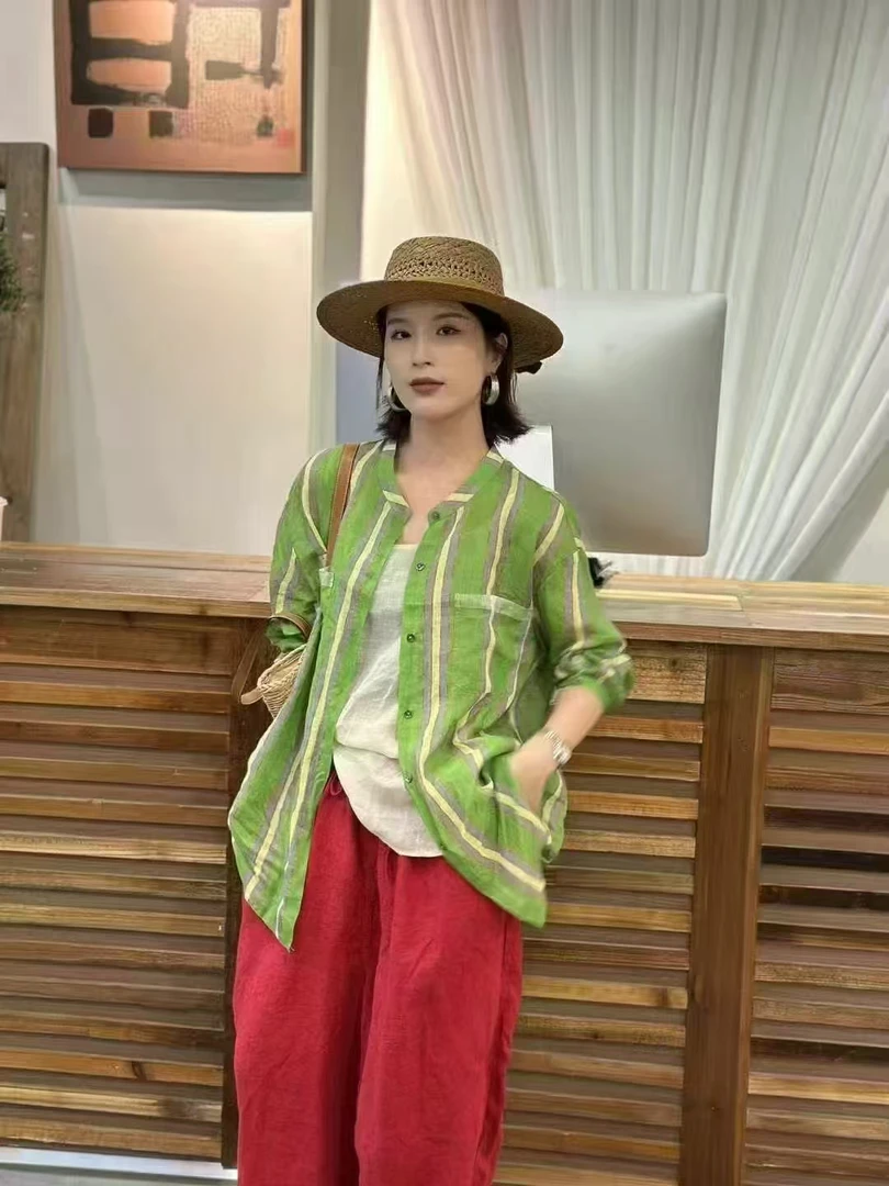 韩系条纹苎麻休闲时尚夏季衬衣