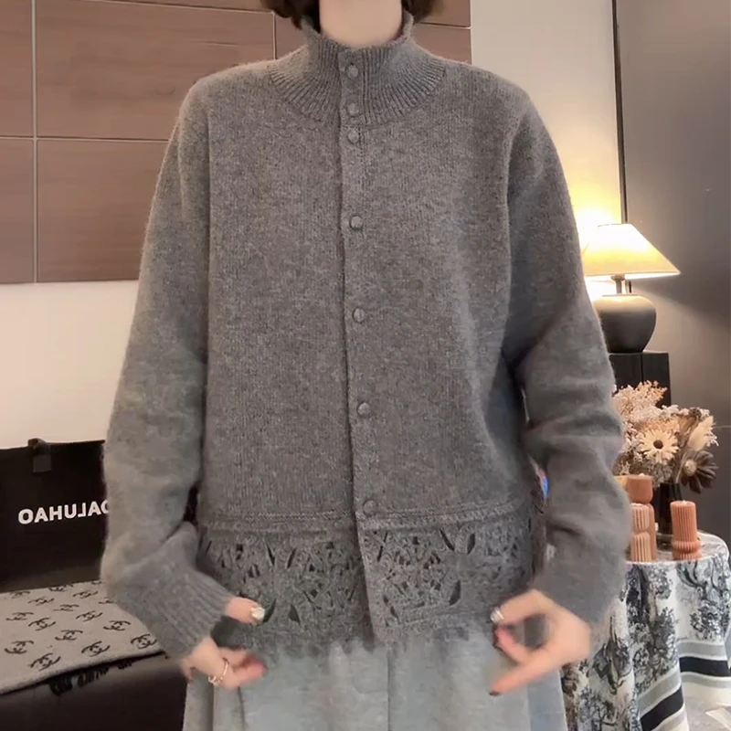 2025秋冬下摆钩花高领毛衣针织半高领镂空设计厚款保暖针织衫