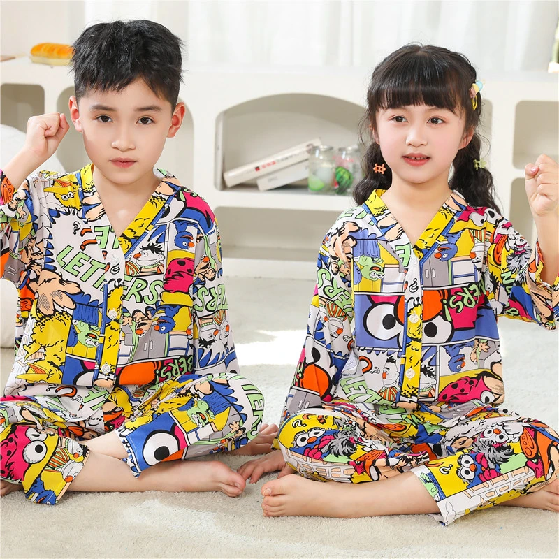 夏季新棉绸睡衣儿童套装长袖薄款中大童男孩女童宝宝公主风家居服