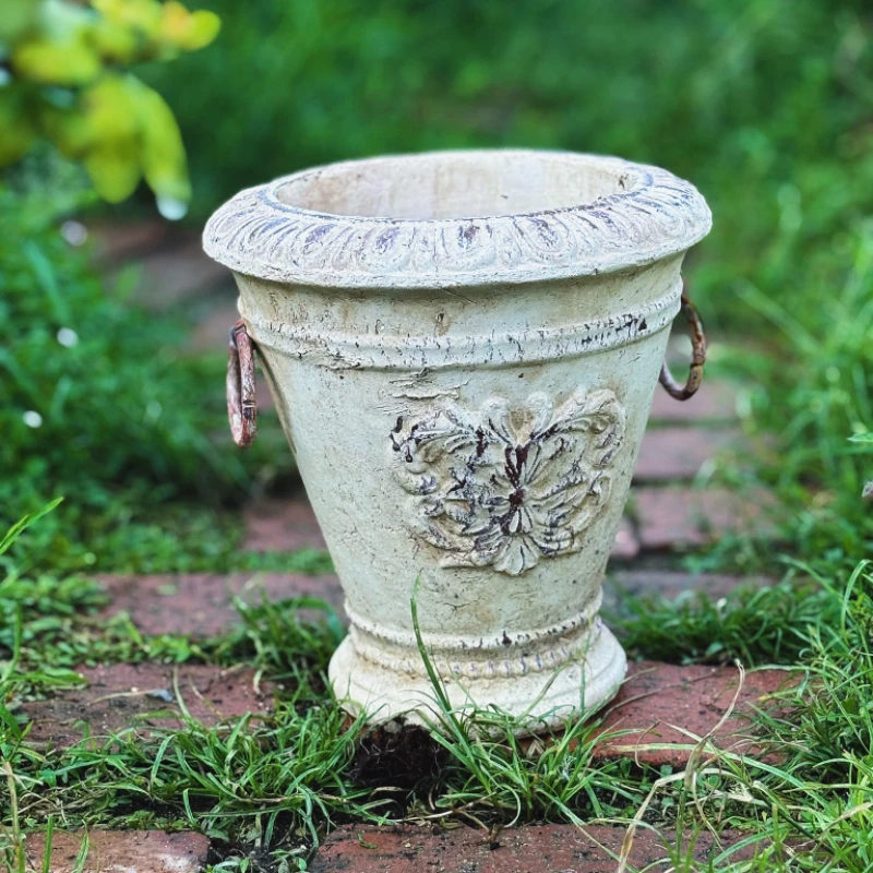 外贸出口手压红陶粗陶双耳铁环花盆 复古时尚