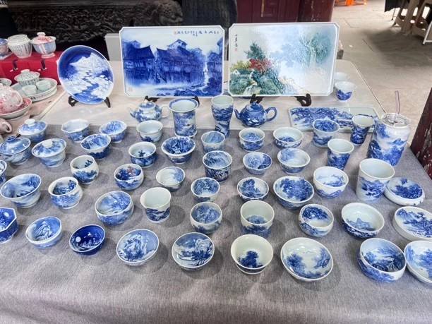 景德镇纯手工手绘明清园山水套系主人杯盖碗壶承茶盘瓷板画