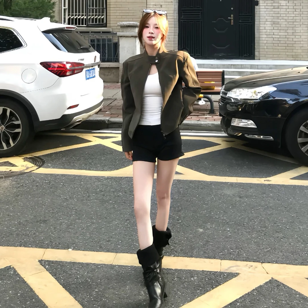 美式复古绿色立领皮衣外套女2026秋冬季新款休闲短款拉链夹克上衣