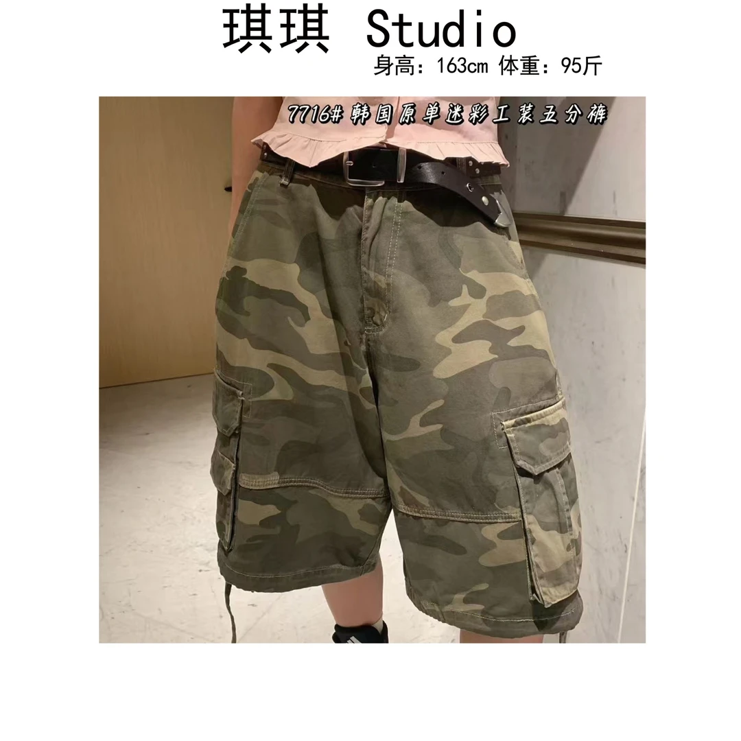 《琪琪家》夏季新款休闲气质潮流重工迷彩多口袋五分工装裤7716-CS