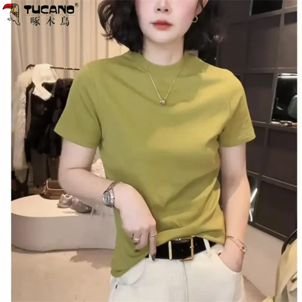 啄木鳥夏季纯色短袖女新款圆领显瘦设计感时尚百搭洋气正肩上衣款
