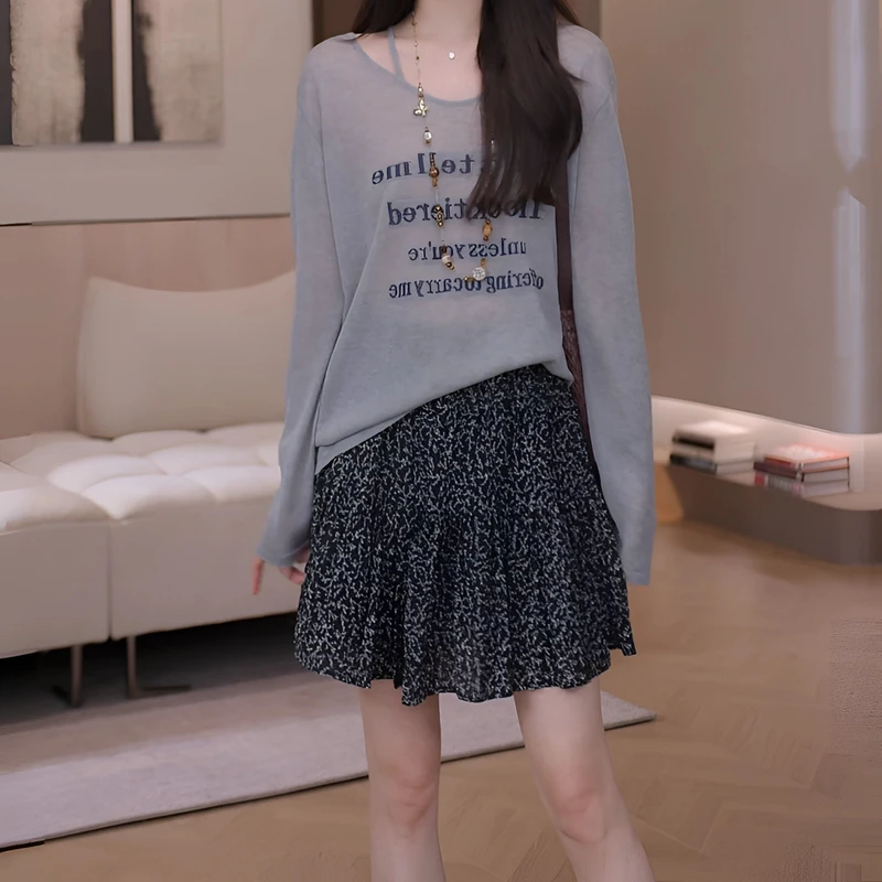 夏季新款出游穿搭透气字母印花防晒罩衫上衣套装舒适百搭短裙