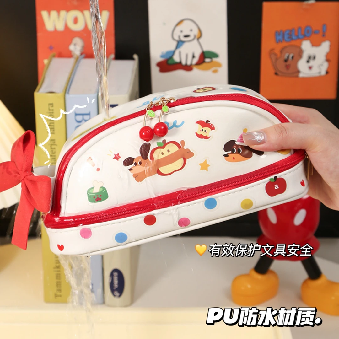 ins风高颜值笔袋女孩专用PU防水大容量收纳学生儿童蝴蝶结文具袋