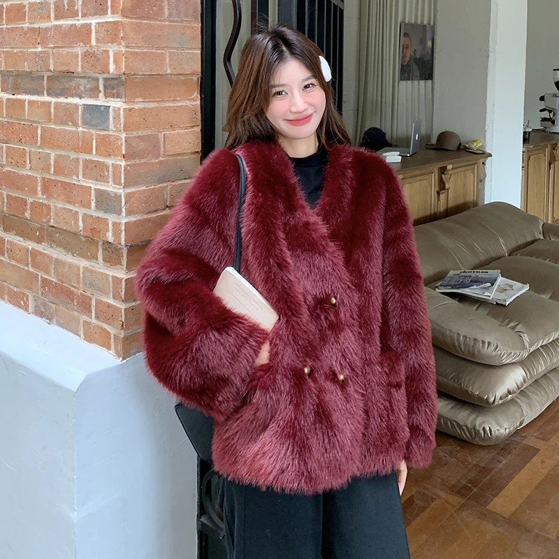 人造皮草 安可拉红毛茸茸外套女冬富家千金风皮毛一体仿皮草外套