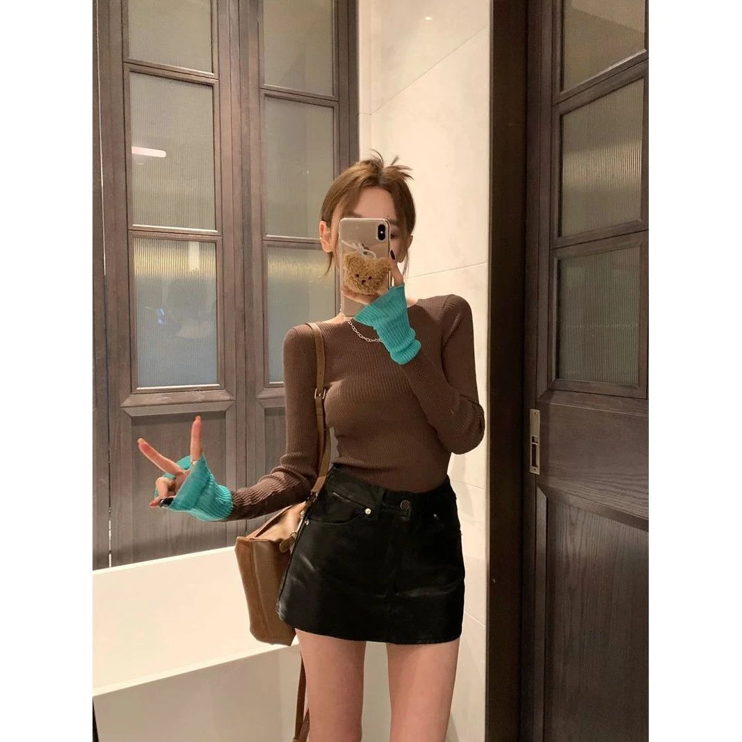 撞色设计感拼接长袖针织打底衫女内搭秋新款气质性感修身显瘦收腰