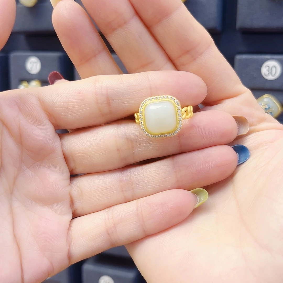 和田玉银S925镀金镶嵌戒指