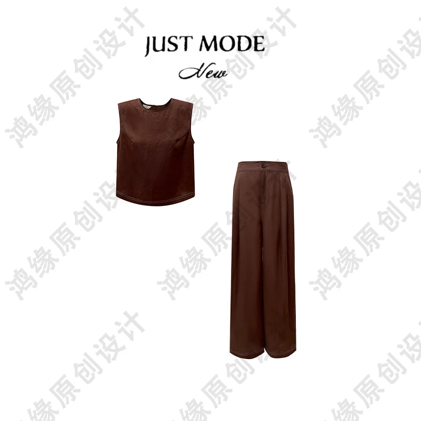 DS【可可西里】100%雨露亚麻简约时尚套装女上衣裤子两件套25051