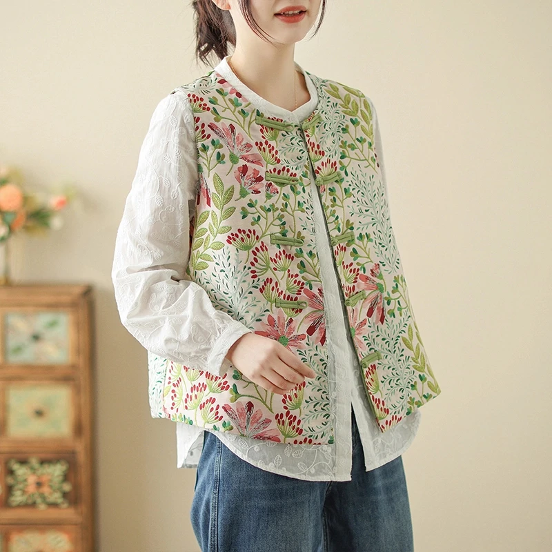 2025春刺绣宽松中式民族风提花碎花背心文艺大码马甲上衣打底外套