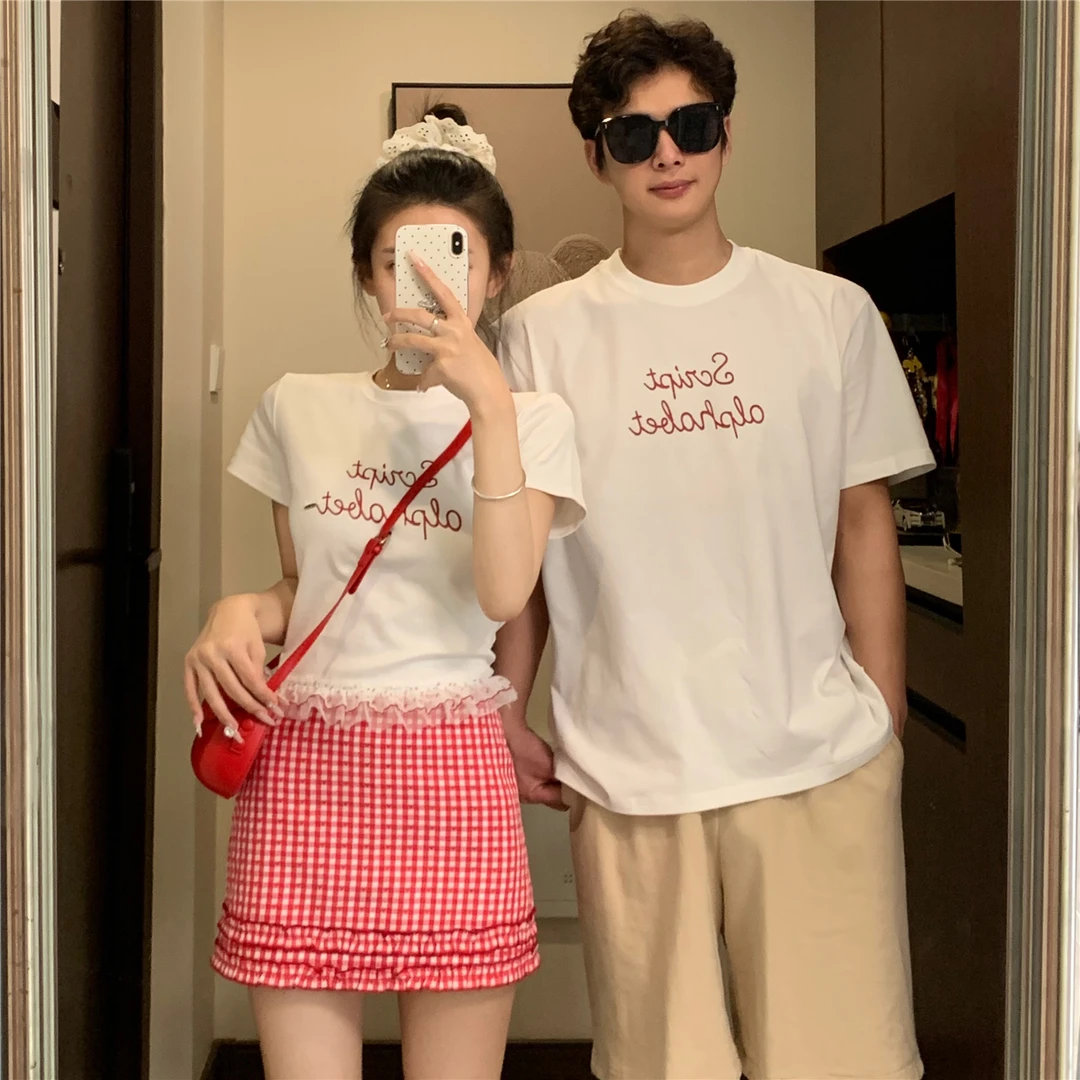 情侣装夏季少女风印花网红短袖字母百搭蕾丝拼接男女时尚套装