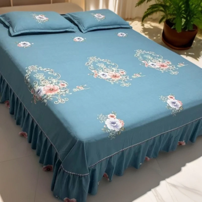 新款加厚蓝庭床单床罩磨毛床裙单床欧式保护套（买床裙送枕套高档