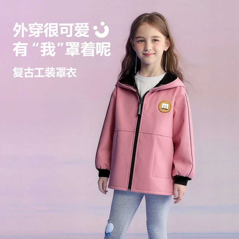儿童秋冬季加绒正穿衣男童罩衣女童外穿连帽防脏服新款工装风外套