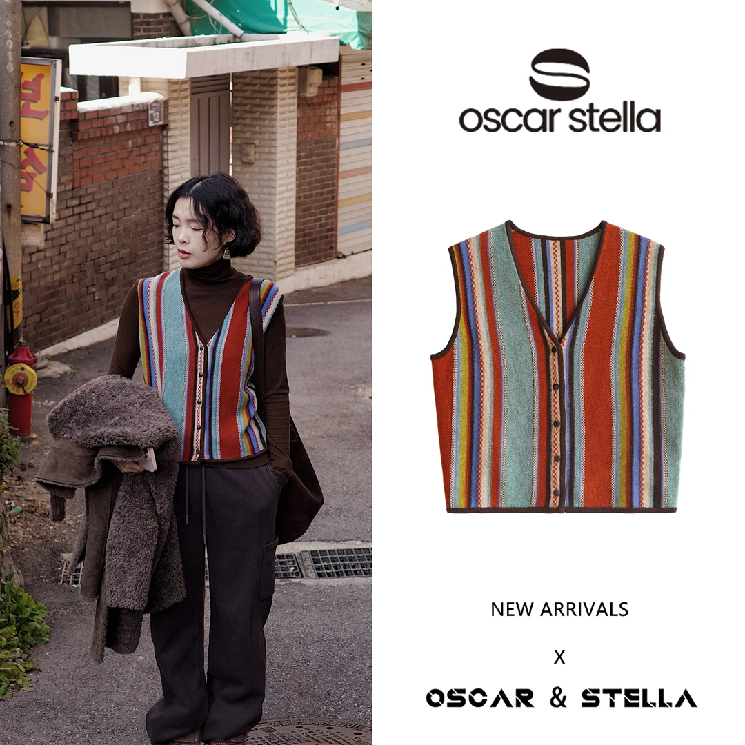 OSCAR&STELLA【彩虹】休闲百搭条纹V领开衫无袖马甲毛衣377-4083