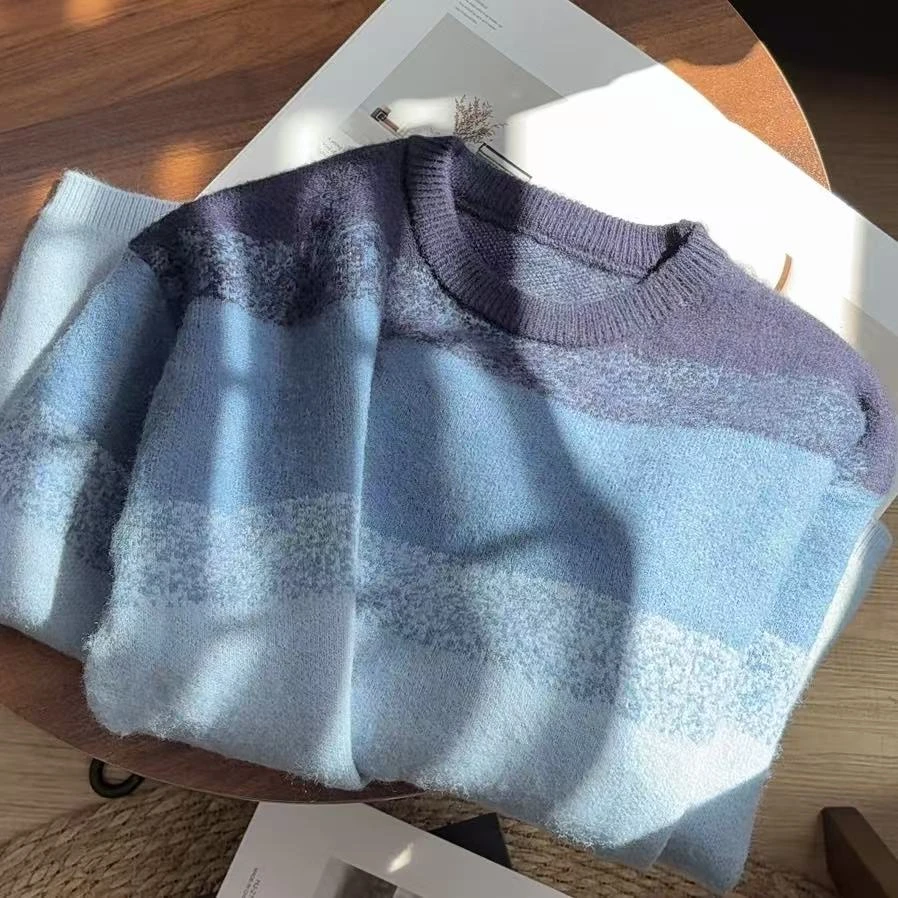 冬季韩系百搭显瘦渐变色设计感上衣内搭针织圆领套头毛衣-苋19860