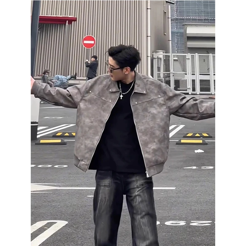 美式cleanfit复古纯色翻领皮衣外套男美拉德高级感机车情侣夹克