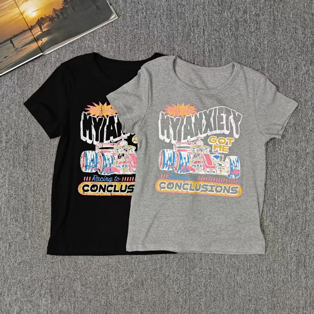 84494余小鱼 【朋克少女】两色赛车字母印花夏季圆领短袖T恤女装