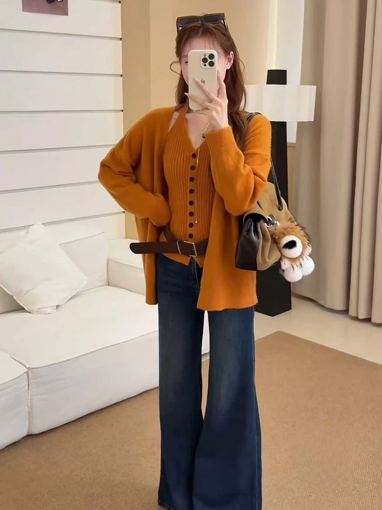 微胖MM韩系慵懒风针织开衫外套挂脖吊带背心秋冬软糯毛衣两件套装