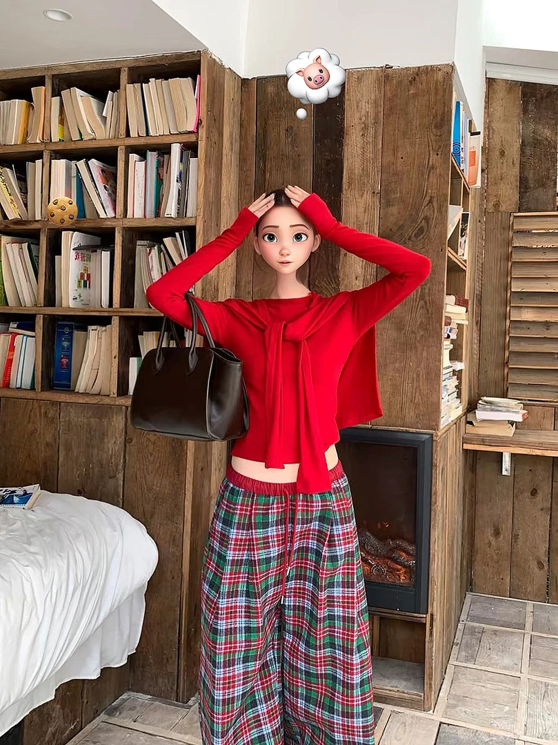 大码定制【圣诞氛围感】加绒长袖+红色披肩百搭长裤三件套