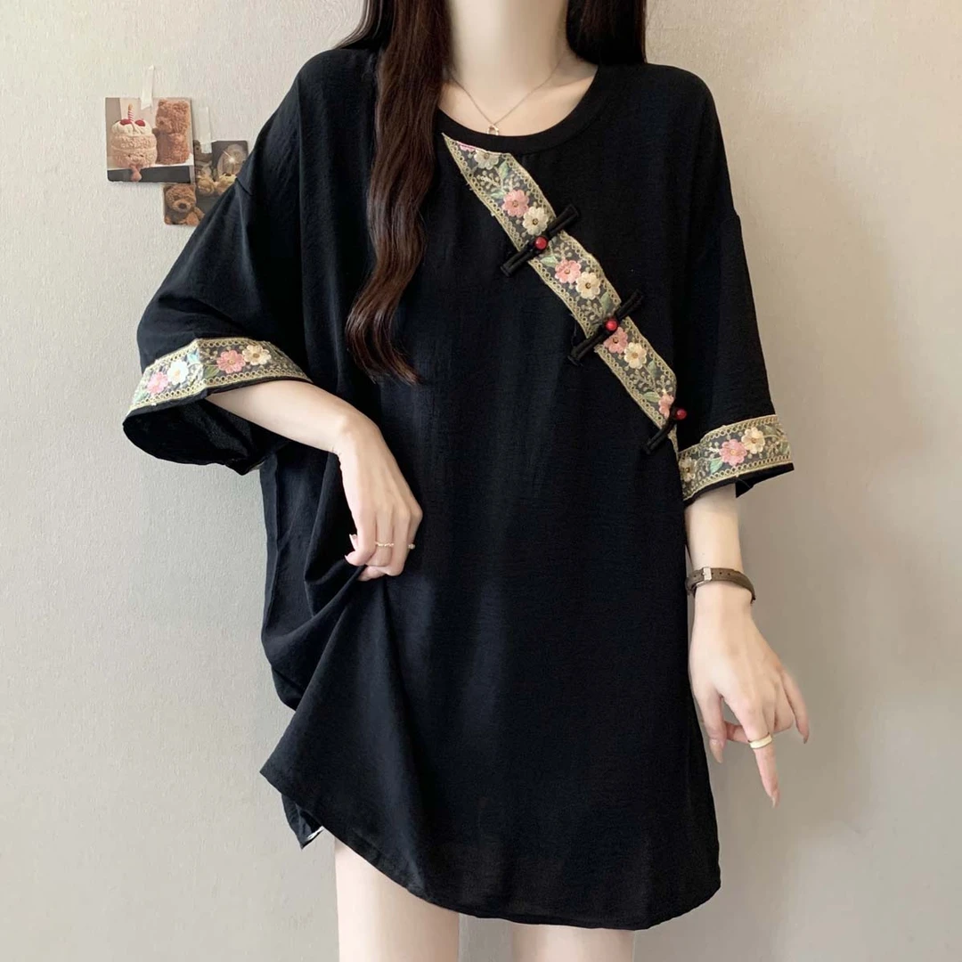 大码女装遮肚子新中式国风盘扣短袖T恤女夏季胖妹妹宽松显瘦上衣