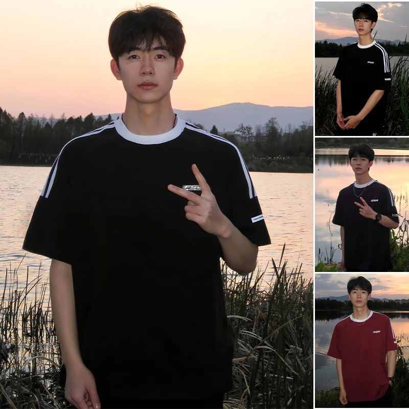 短袖T恤男夏季美式潮牌新款重磅纯棉男款圆领三条杠半袖衣服男生