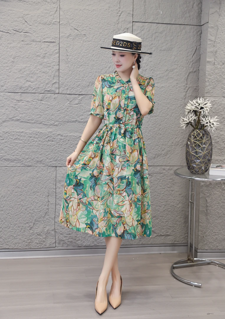 10007-夏季爆款高档优雅过膝长裙收腰遮肉连衣裙洋气裙子女【G仓】