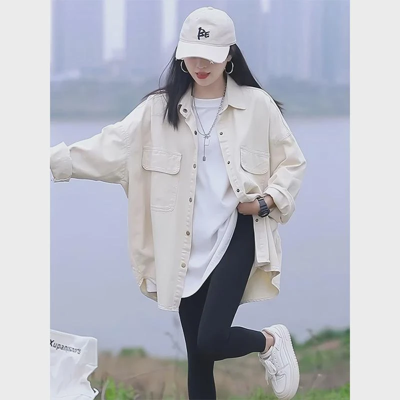 中长款休闲外套女2024春秋季新款韩版小个子宽松牛仔衬衫薄款上衣