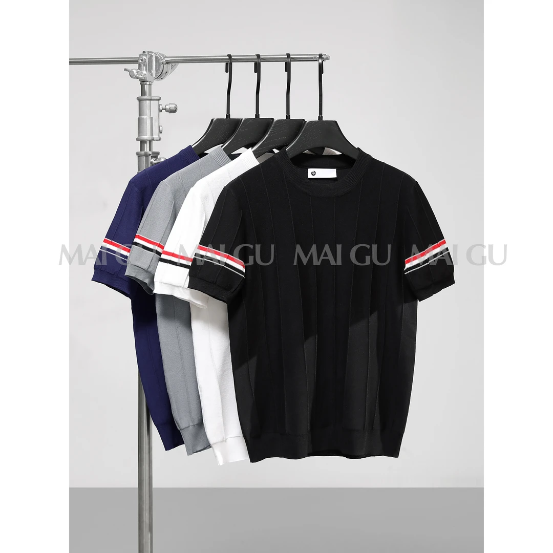 【MAIGU】夏季男士高定个性撞色拼接设计百搭冰爽丝针织圆领短袖T恤