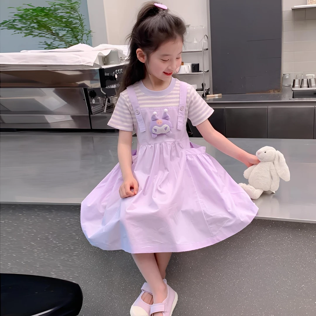 女童连衣裙库洛米夏装2025新款短袖儿童洋气假两件背带公主裙子