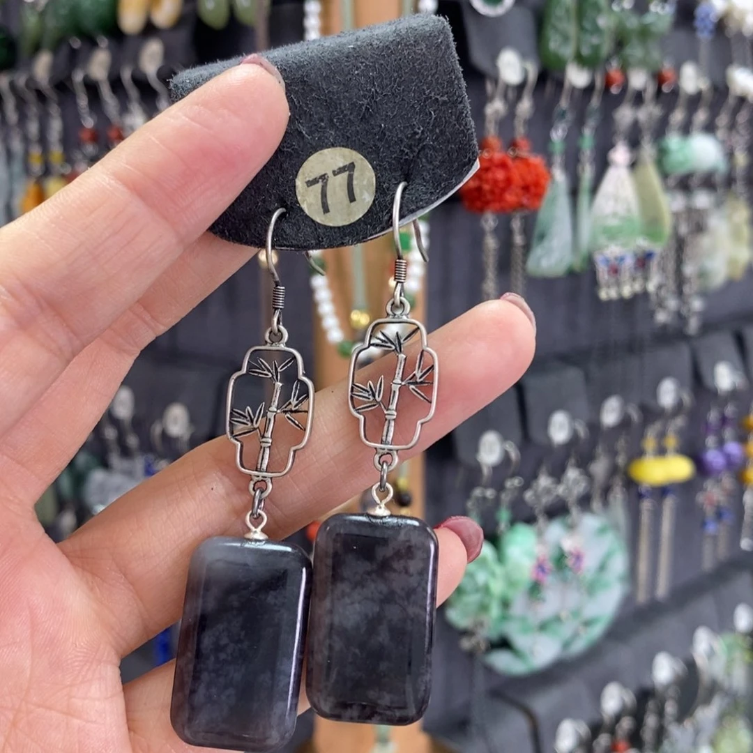 和田玉银S925镶嵌耳饰木*花X28