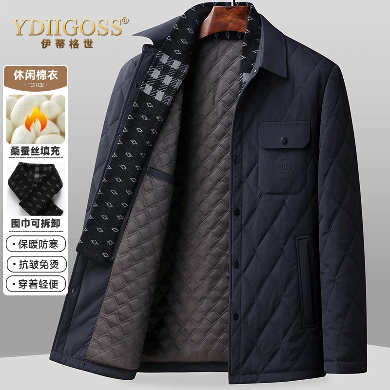 YDIIGOSS男士翻领桑蚕丝棉衣中年商务休闲加厚保暖外套棉服男2025