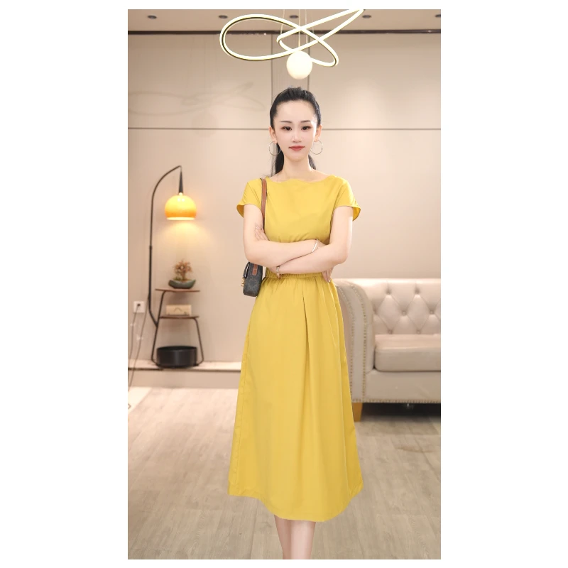 通勤简约连身裙夏季 复古气质圆领中长款连衣裙松紧收腰显瘦长裙
