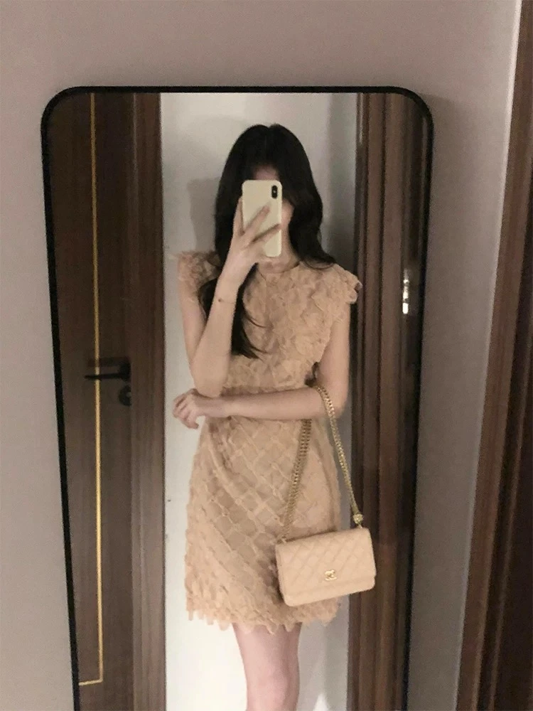 小香风V领围巾领时尚收腰夏季包臀裙连衣裙无袖