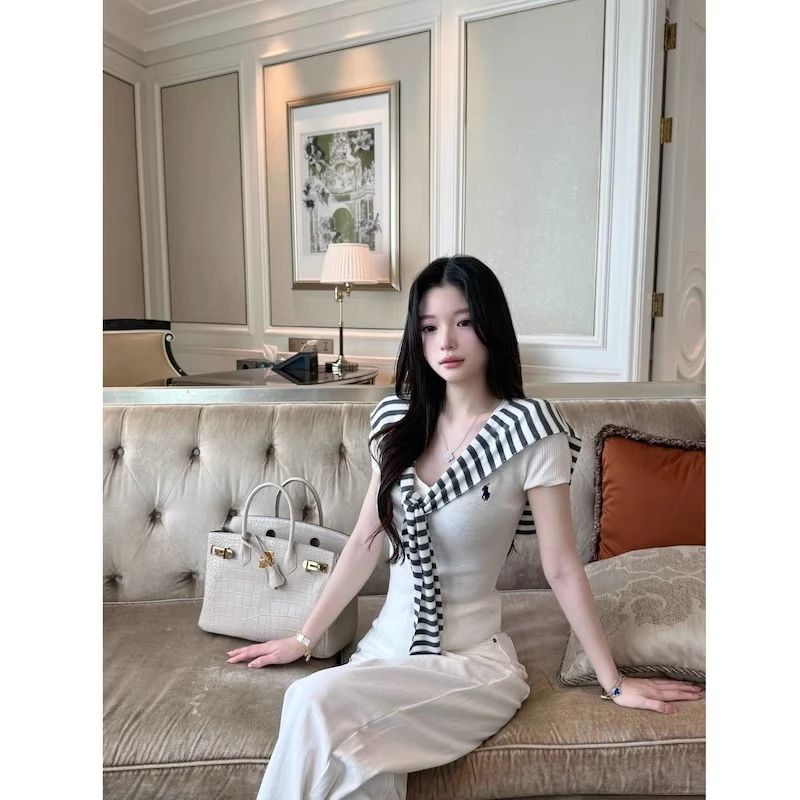 学院风条纹披肩刺绣针织衫两件套女装夏季新款修身显瘦短款上衣