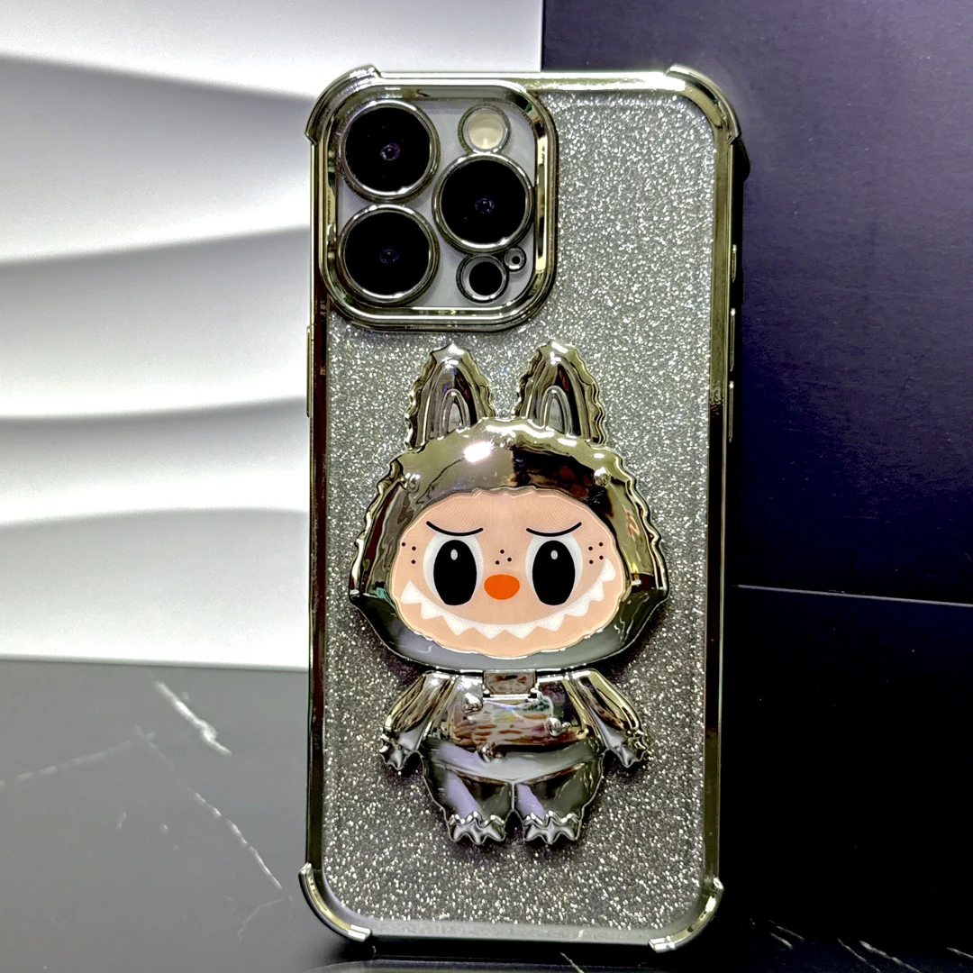 拉布布适用iPhone16镜面支架手机壳苹果15电镀四角网红潮牌保护套